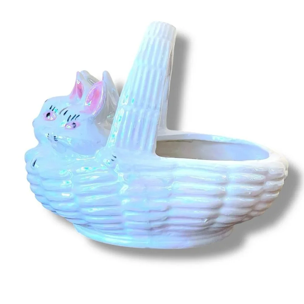 Vintage Atlantic Mold Ceramic Easter Basket Iridescent Bunny Rabbits Candy Dish